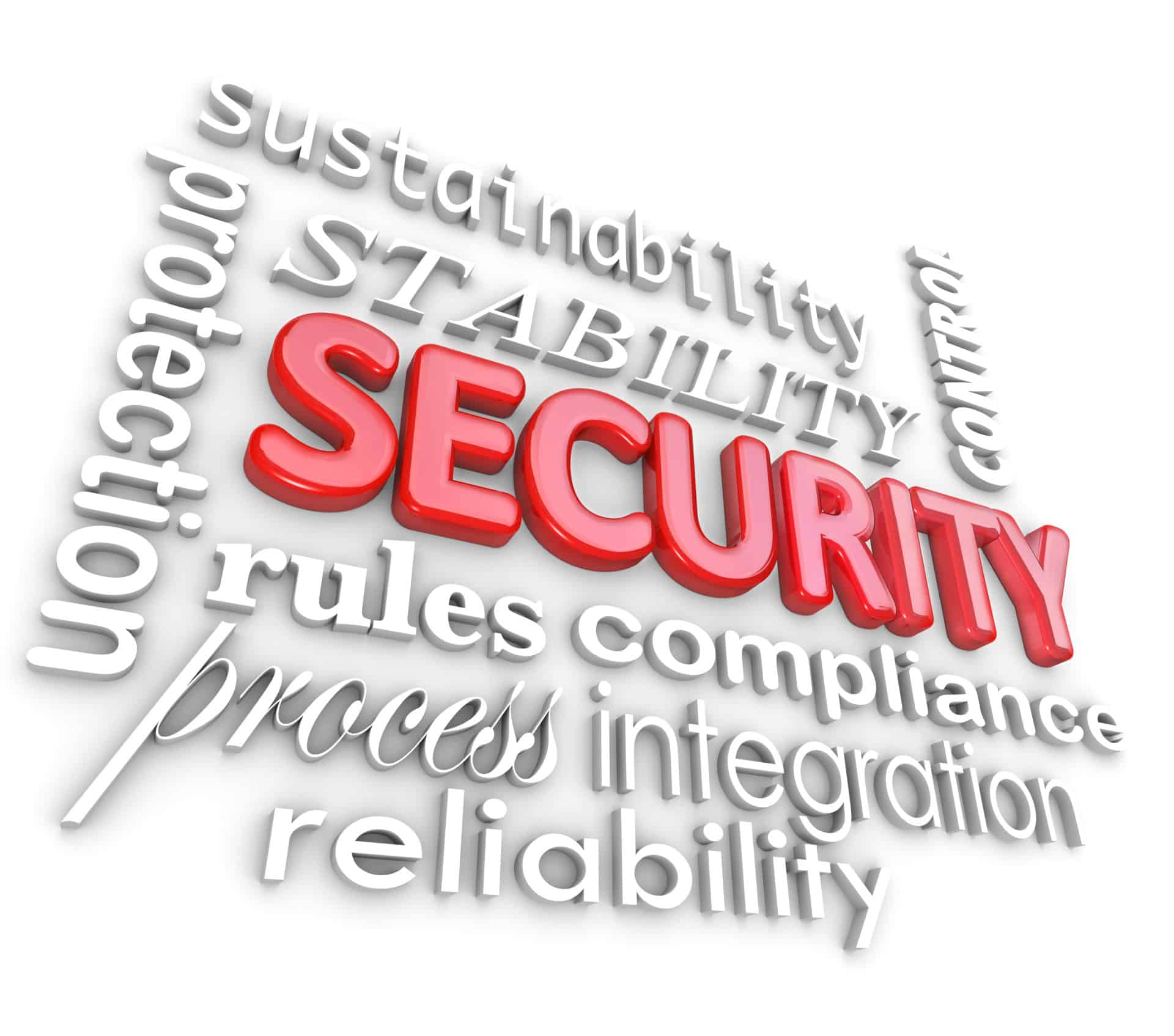 Security 3d words to illustrate information technology concepts and concerns for people working in the i.t. field in maintaining or administrating business networks
